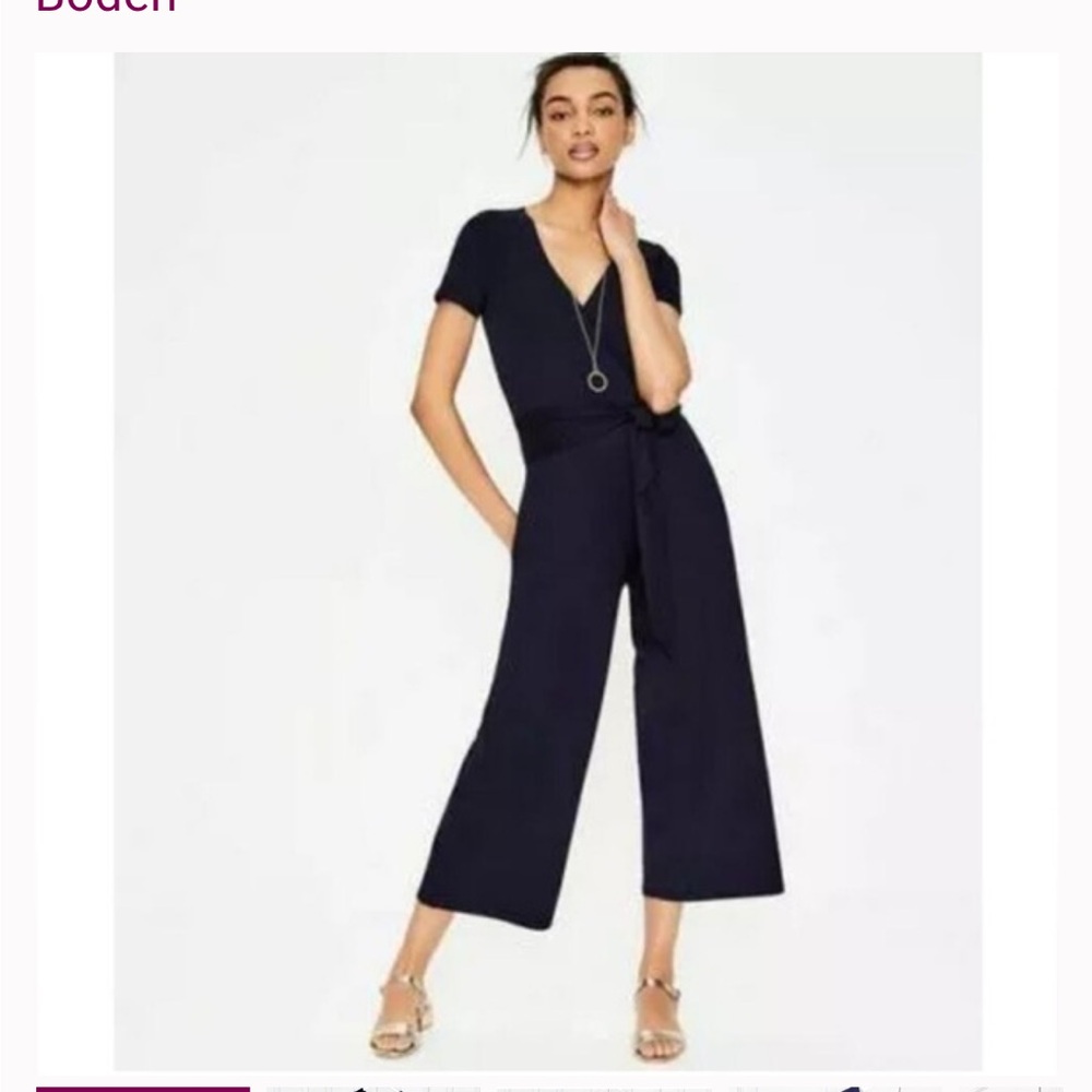 Boden Navy V-Neck Wide-Leg Jumpsuit with Tie Waist and Pockets
